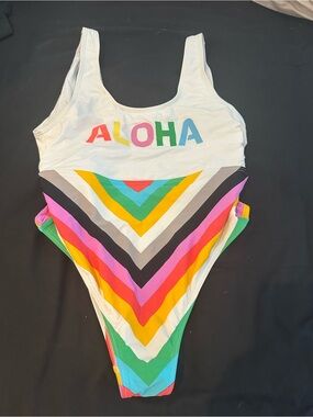 Nordstrom White One-Piece Swimsuit with Multicolor Chevron Stripes